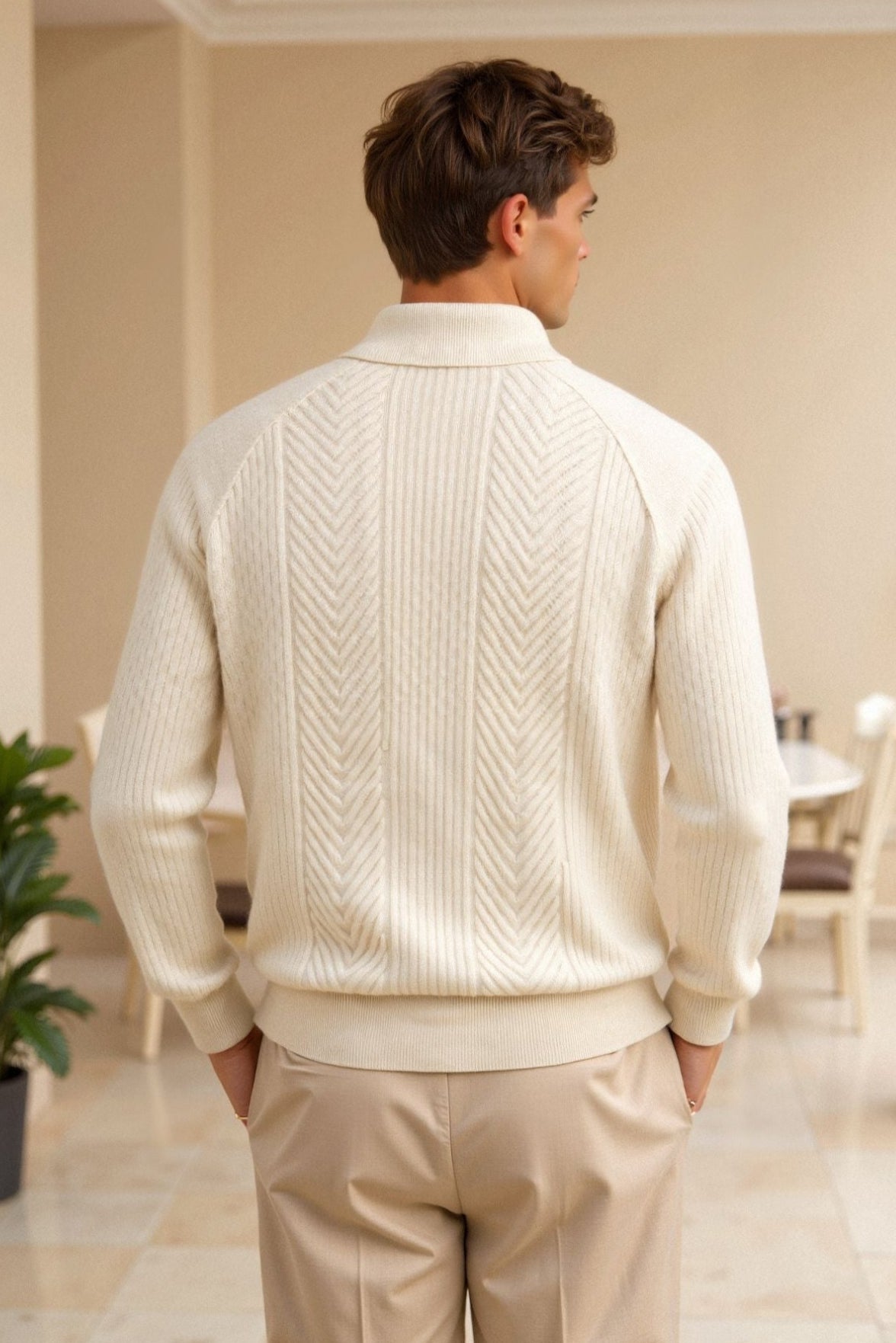 Old Money Men's Retro Solid Color Textured Knit Long Sleeve Golf Sweater