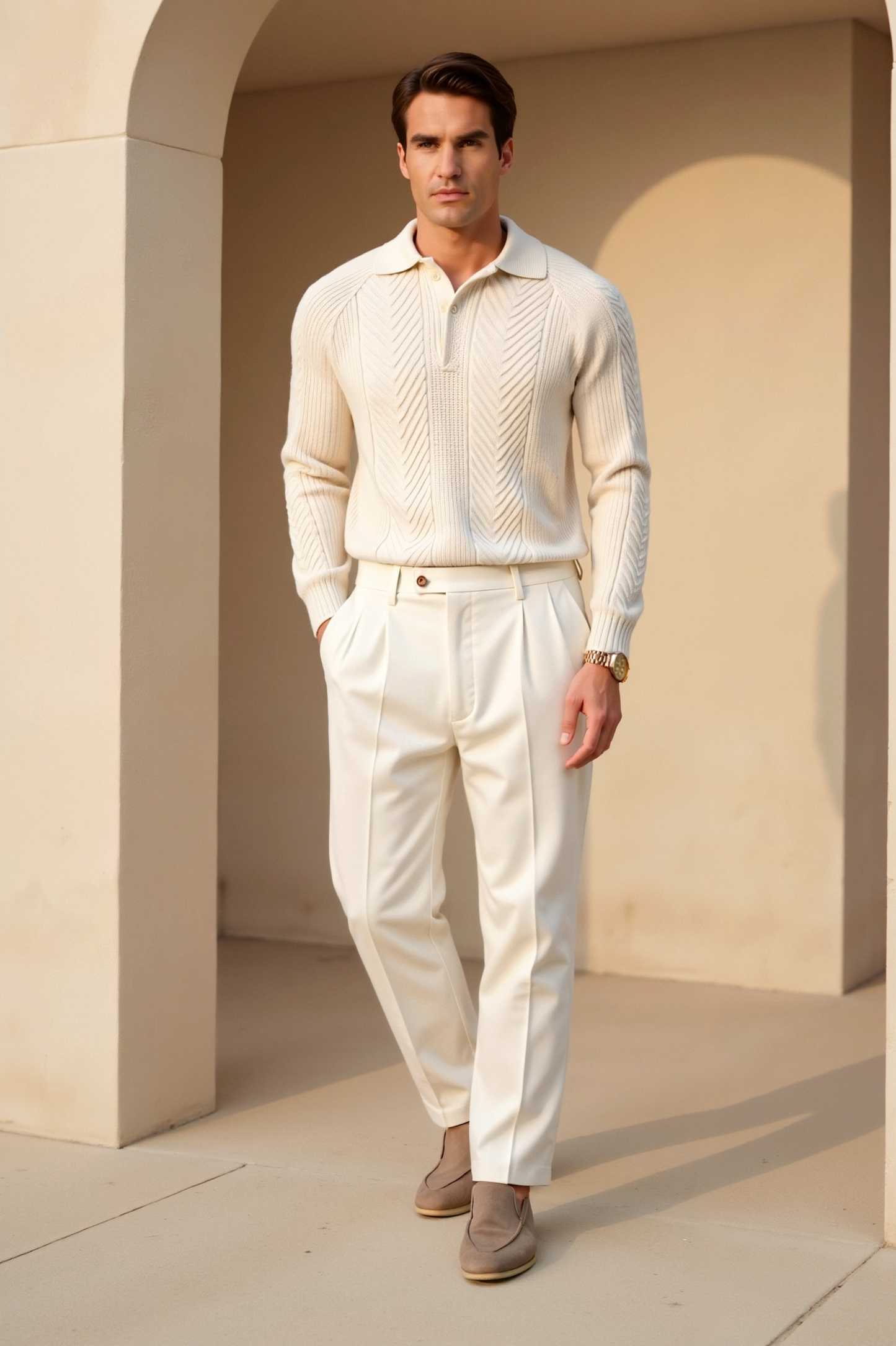 Old Money Men's Retro Solid Color Textured Knit Long Sleeve Golf Sweater