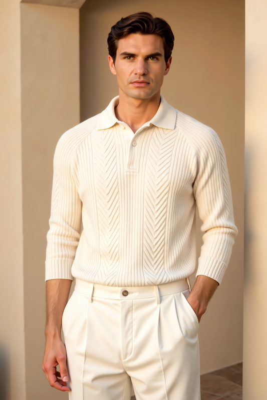 Old Money Men's Retro Solid Color Textured Knit Long Sleeve Golf Sweater