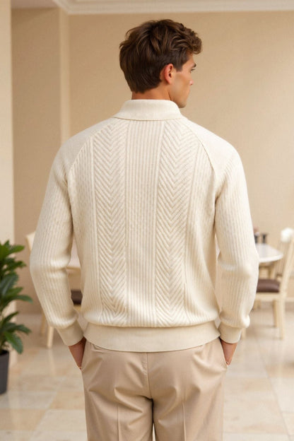 Old Money Men's Retro Solid Color Textured Knit Long Sleeve Golf Sweater
